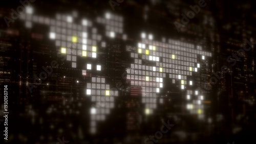 Global data network world map with matrix style grid, glowing HUD interface and streaming light trails, futuristic internet, IoT connectivity and digital simulation background