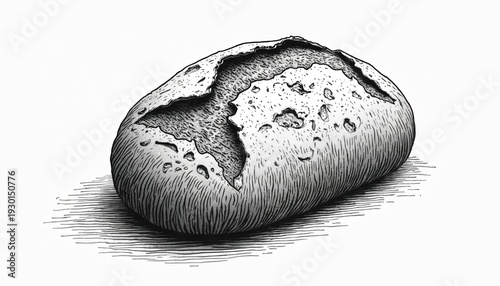 Sketch of whole grain bread loaf with textured crust and soft crumb inside. Simple linework art style on white background. Bakery, food ingredient or artisanal baking concept.