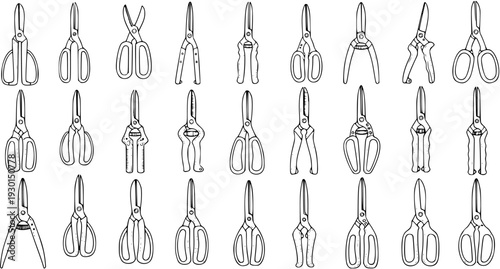 Hand-drawn collection of various gardening scissors and pruning shears, black outline sketch set for horticulture and household use.