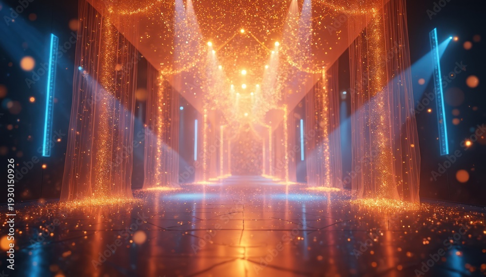 Fototapeta premium Empty hall with glowing orange curtains and falling sparkles. Blue lights frame the corridor. Reflective floor shows shimmering particles. Luxurious event venue.