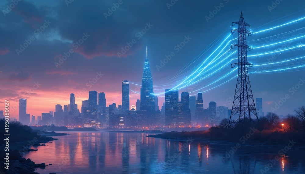 Fototapeta premium City skyline with illuminated skyscrapers at dusk. Electricity flows from a power tower across urban landscape. Water reflects lights near riverbank.