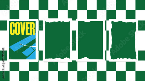 Dynamic Green and White Checkerboard Graphic Design with Stylized Cover Layout Concept