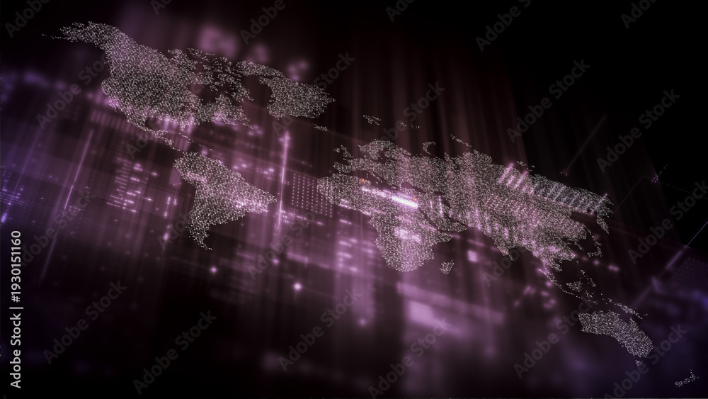 Obraz premium Global data network world map with matrix style grid, glowing HUD interface and streaming light trails, futuristic internet, IoT connectivity and digital simulation background