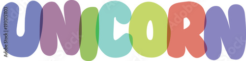 Colorful rounded letters spell out the word unicorn on checkerboard background, creating a playful and overlapping effect