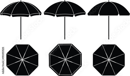 Black vector silhouette set of beach and patio umbrellas from side and top views for concepts of summer vacation branding