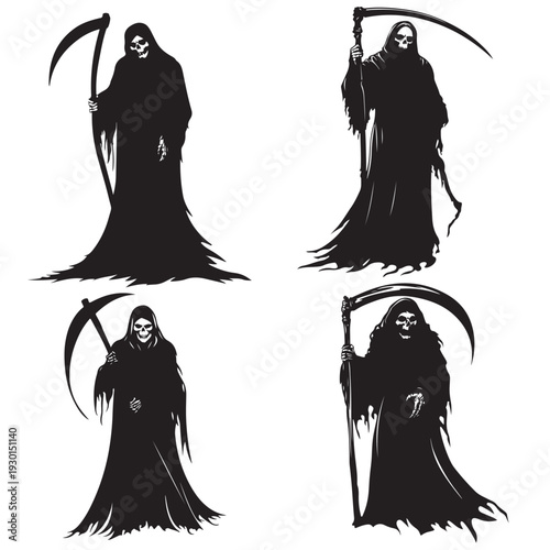 grim reaper silhouette vector style design, silhouette of a grim reaper holding a scythe