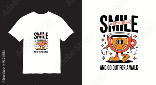 Retro cartoon coffee cup character smiling and walking outdoors with cheerful message