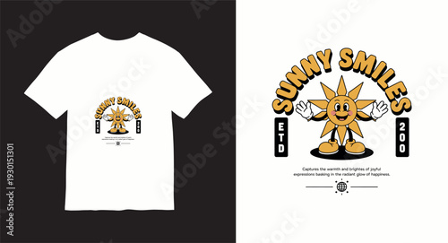 Vintage sun character with outstretched arms and cheerful message for summer