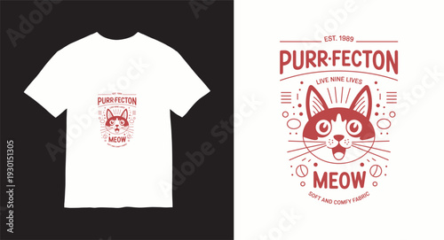 Cute cartoon cat face with large eyes and meow text in vintage style