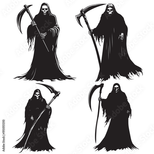 grim reaper silhouette vector style design, silhouette of a grim reaper holding a scythe