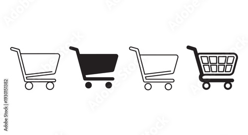 Shopping Cart Icon Set, 4 Vector Styles: Minimal, Solid, Outline, Rounded, Horizontal Row on White Background