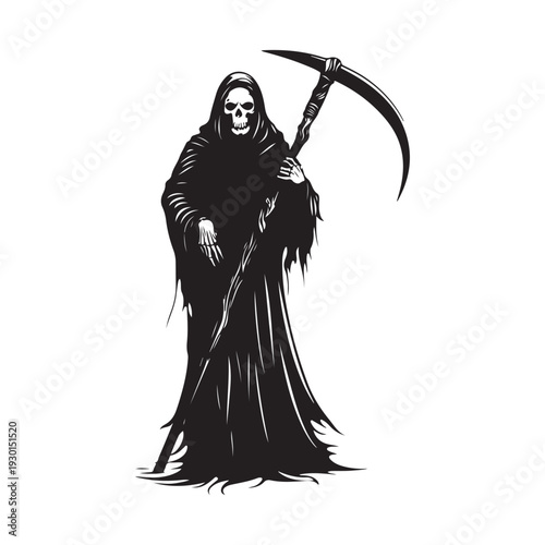grim reaper silhouette vector style design, silhouette of a grim reaper holding a scythe