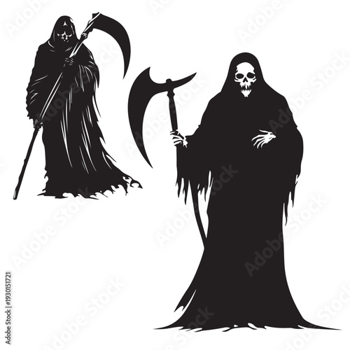 grim reaper silhouette vector style design, silhouette of a grim reaper holding a scythe