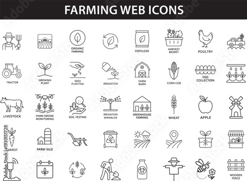 Farming Web Icons Line Style Set, Agriculture Planting Tractor Farm Collection, Editable Stroke Vector Illustration