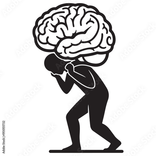 Minimalist silhouette of a person struggling to carry a massive human brain on their back, representing mental health burden, intellectual pressure, and the weight of overthinking.