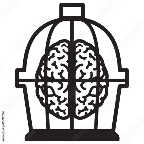 Conceptual illustration of a human brain trapped inside a birdcage, symbolizing mental confinement, restricted thoughts, and psychological imprisonment in a minimalist line art style.