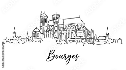 Bourges Cathedral skyline continuous line drawing art isolated on white background