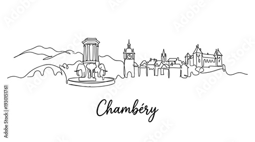 Chambery France city skyline with Fontaine des Elephants minimalist continuous line art vector illustration