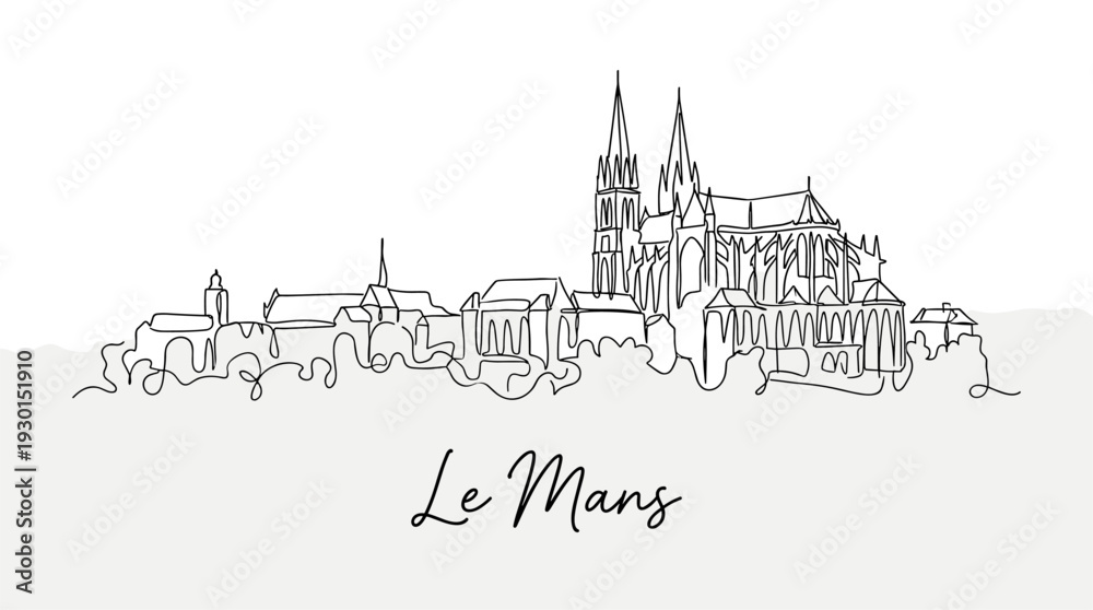Fototapeta premium Le Mans France city skyline with cathedral minimalist continuous one line drawing vector