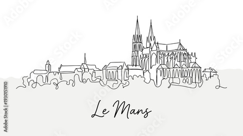 Le Mans France city skyline with cathedral minimalist continuous one line drawing vector