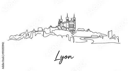 Wallpaper Mural Lyon skyline and Basilica of Notre-Dame de Fourviere minimalist continuous line drawing vector Torontodigital.ca