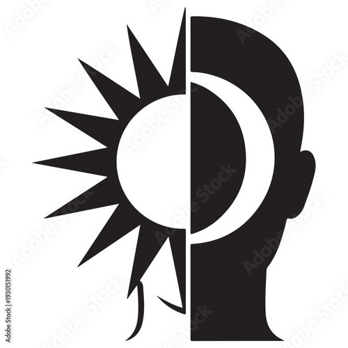 Minimalist black and white graphic of a human head profile merging sun and moon symbols to represent duality, ideal for psychology, spirituality, and mental health concepts in a clean vector style.