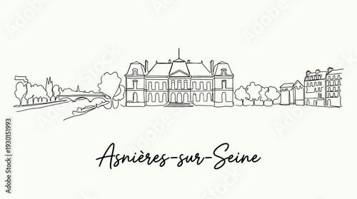 Minimalist Asnieres-sur-Seine skyline featuring Chateau d'Asnieres and river one line drawing vector illustration