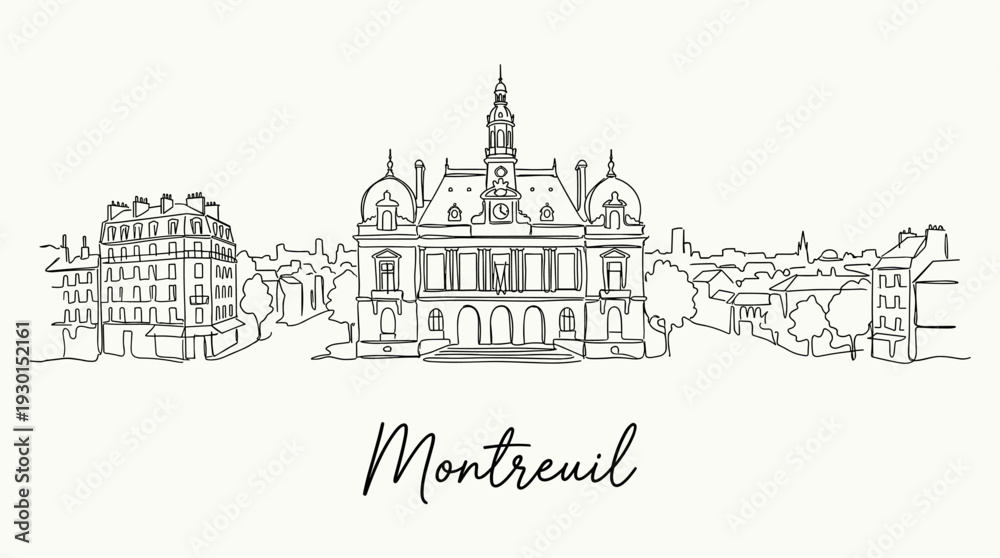 Obraz premium Montreuil city skyline and town hall architecture minimalist line art vector illustration