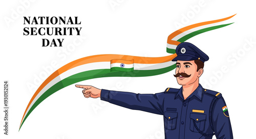 Illustration of an Indian security officer pointing with a serious expression on National Security Day against a clean white background with waving tricolor ribbons.
