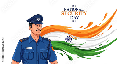 Illustration of an Indian security guard in a blue uniform with a stern expression on National Security Day with the Indian flag in the background.