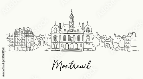 Montreuil city skyline and town hall architecture minimalist line art vector illustration