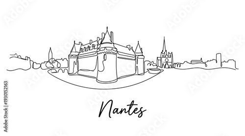 Nantes France city skyline with castle and cathedral continuous line drawing vector