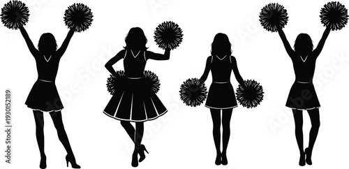 Black vector silhouette set of cheerleaders with pom poms for concepts of sports spirit team support excitement dance and branding