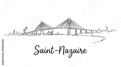 Saint-Nazaire city skyline and bridge continuous line art vector illustration