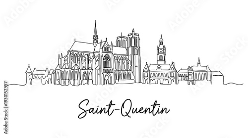 Saint-Quentin France city skyline with basilica and landmarks in continuous line art vector
