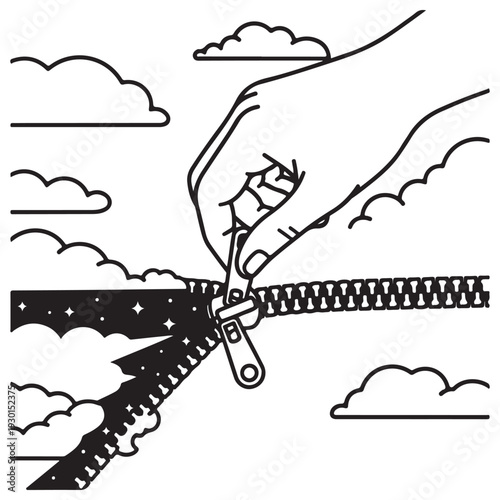 Surreal Hand Opening a Zipper in the Sky to Reveal a Starry Night Universe, Conceptual Black and White Line Art Illustration Representing Discovery, Transition, and Hidden Dimensions.