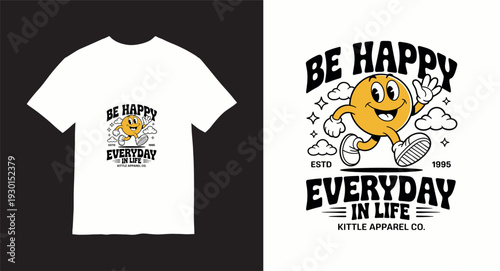Be happy everyday in life. Vector illustration of a happy cartoon smiley face running with clouds and stars
