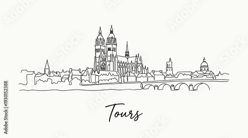 Tours France city skyline with Saint Gatien Cathedral minimalist continuous line vector art