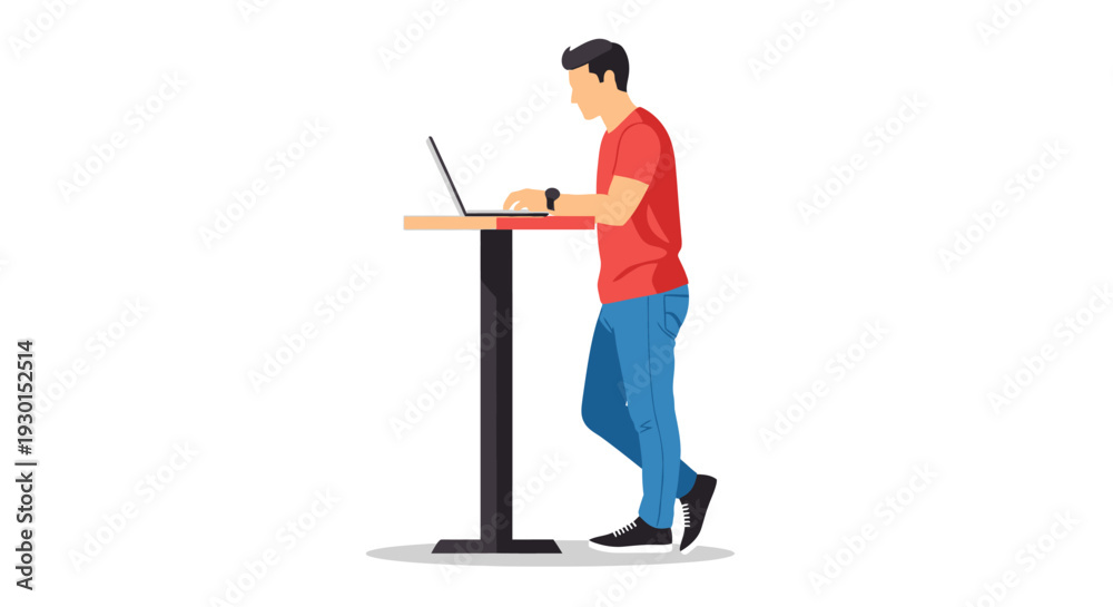 Fototapeta premium Young Man Working on Laptop at Standing Desk - Modern Remote Work and Productivity Vector Illustration
