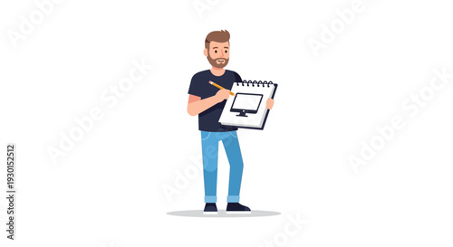 Creative Professional Drawing Computer Monitor Icon on Sketchpad. Man Illustrating Digital Design & Development Concept.
