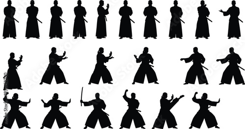 Martial arts silhouettes, combat stances, karate poses, kung fu training, sword fighting figures, martial artist practice, dynamic movement illustration, fitness