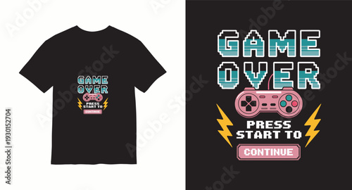 Pixelated "game over press start to continue" text with retro controller and lightning bolt