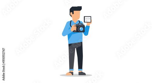 Professional Photographer with DSLR Camera and Tablet Reviewing Images, Modern Digital Workflow Illustration