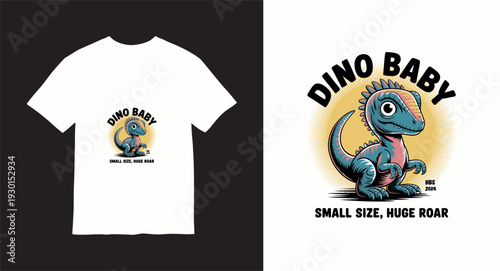 Cute baby dinosaur character mascot with small size huge roar quote for kids t-shirt