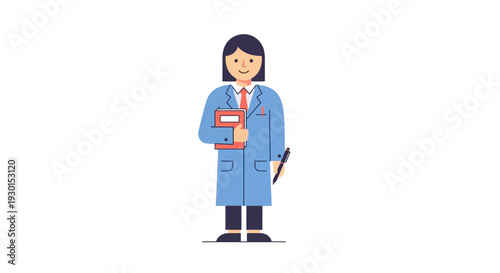 Smiling Female Professional in Lab Coat Holding Book and Pen - Science, Medical, Education Vector Character