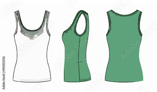 Women Fitted Tank Top with Lace Trim Scoop Neck Fashion Flat CAD Vector Template
