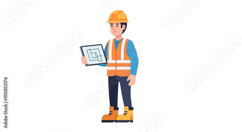 Construction Worker with Digital Tablet and Blueprint. Engineer in Hard Hat & Safety Vest. Isolated Flat Vector Illustration.
