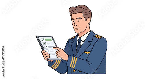 Professional Airline Pilot Reviewing Digital Checklist on Tablet. Aviation Safety and Modern Workflow Illustration