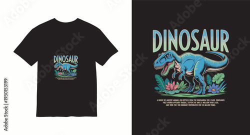 Dinosaur t-shirt design with roaring T-rex in prehistoric jungle landscape for ancient animal apparel