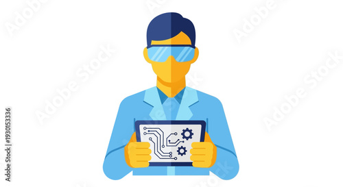 Scientist or Engineer Working with Technology and Innovation, Holding a Tablet Displaying Circuitry and Gears, Flat Vector Illustration